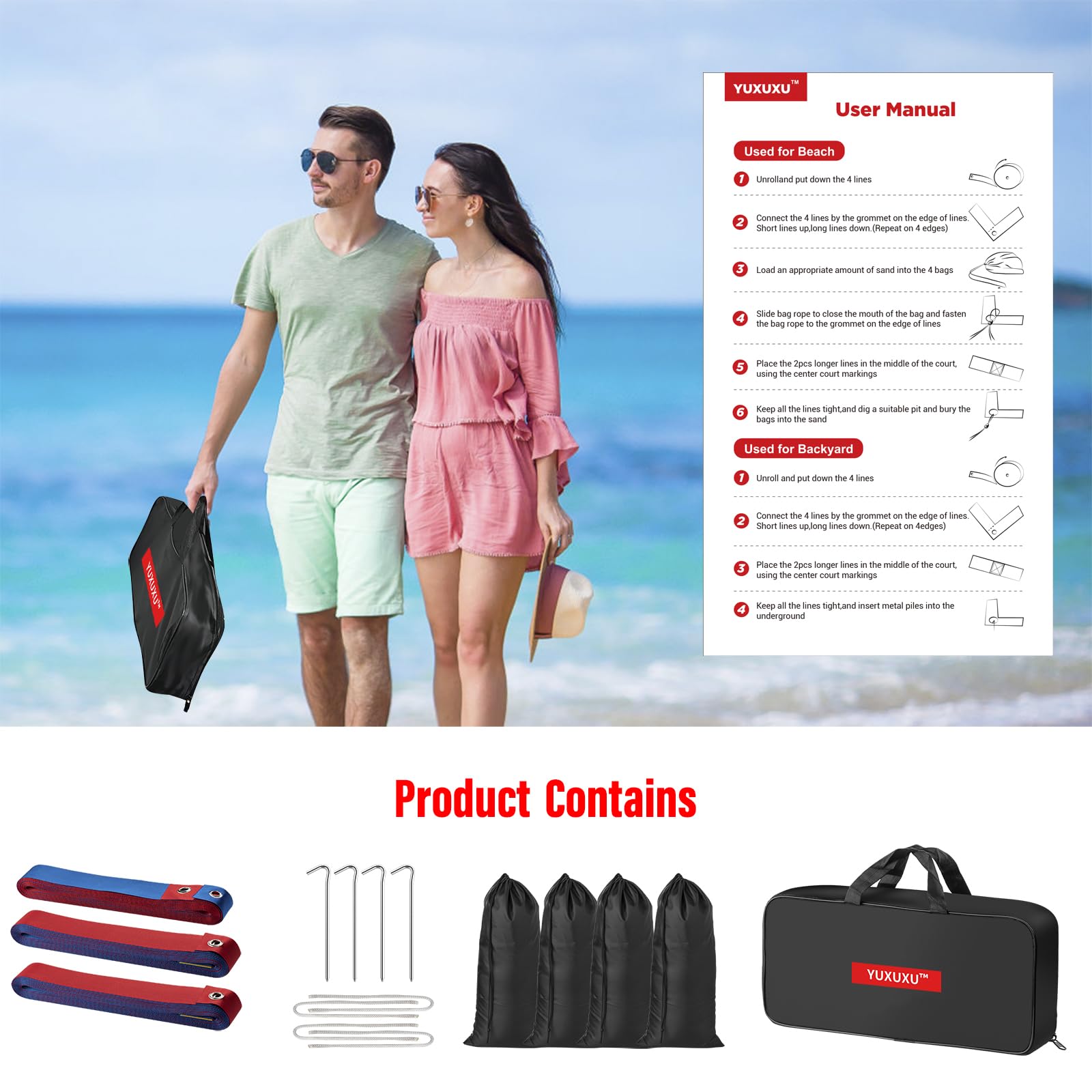 YUXUXU Professional Beach Volleyball Lines for Sand-2 Inch, Highly Visible, All-Weather, with Stainless Anchors & Sand Bags - Official Court 30' X 60'|Short Court 26.3' X 52.6'