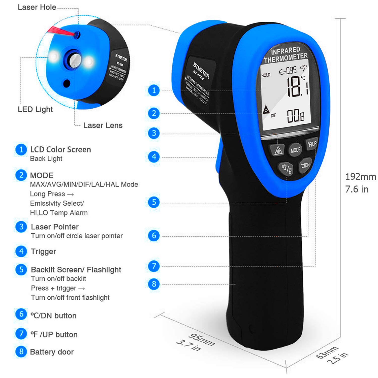 BTMETER BT-1800 Berührungsloses Pyrometer Hochtemperatur-Infrarot-Thermometerpistole -58~3272 °F (-50~1800 ℃) DS 50: 1 für Metallschmelzofen Forge Ofen Tempe Tester (NICHT für menschliche Temp)