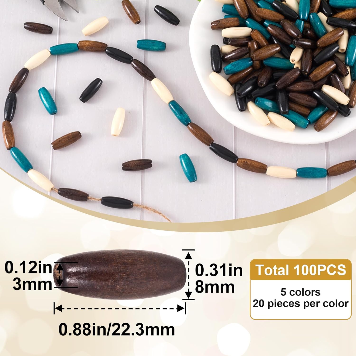 100PCS Colorful Wooden Beads, 0.43" x 0.31" Large Hole Macrame Bead, Natural Wood Hair Bead, Loose Spacer Beads for Making Handmade Craft Bracelet Necklace- 5 Colors - Image 2