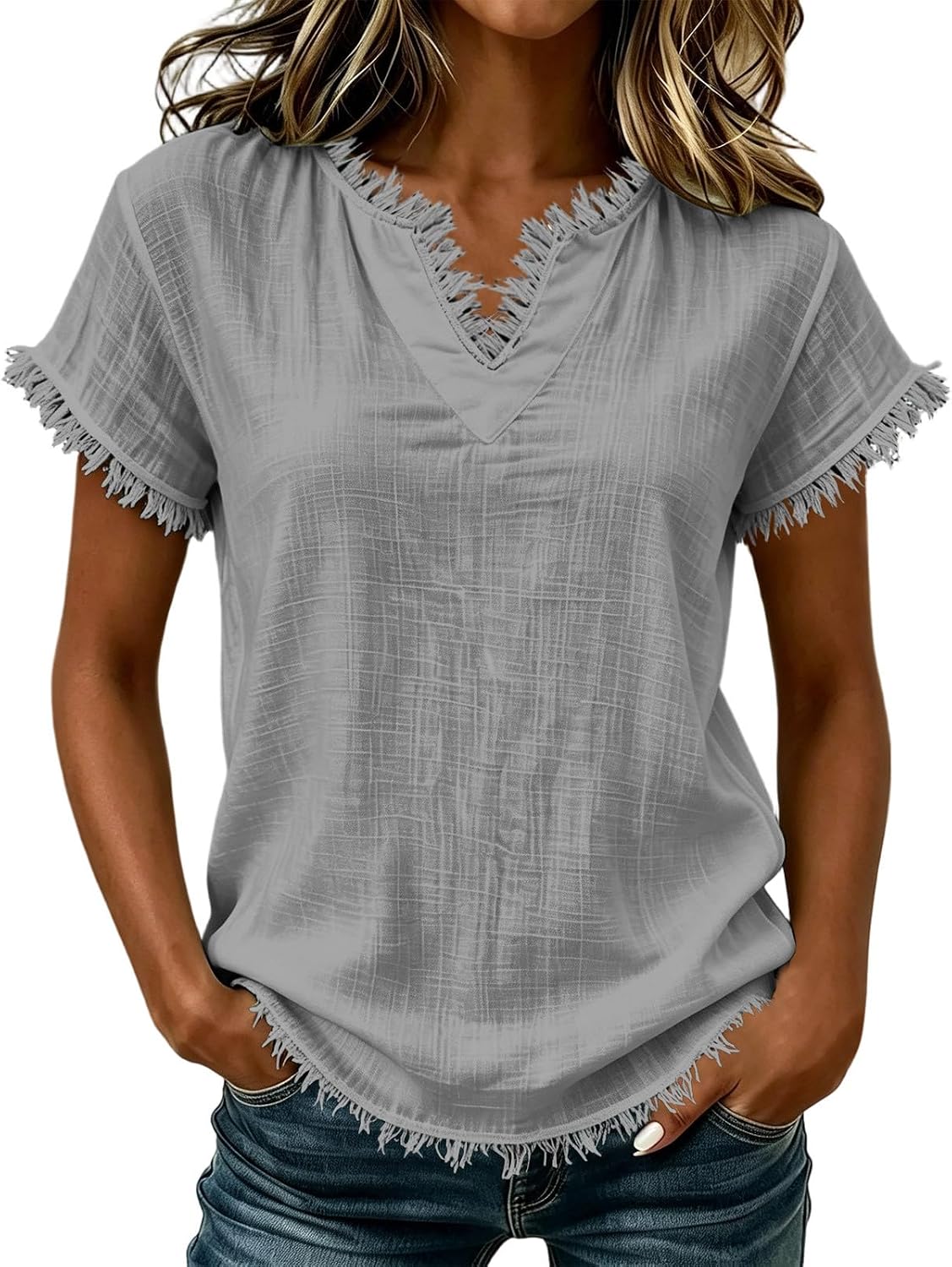 Fringe Tops for Women Summer Casual Loose Tassel Short Sleeve Oversized Tshirts Country Beach Outfits