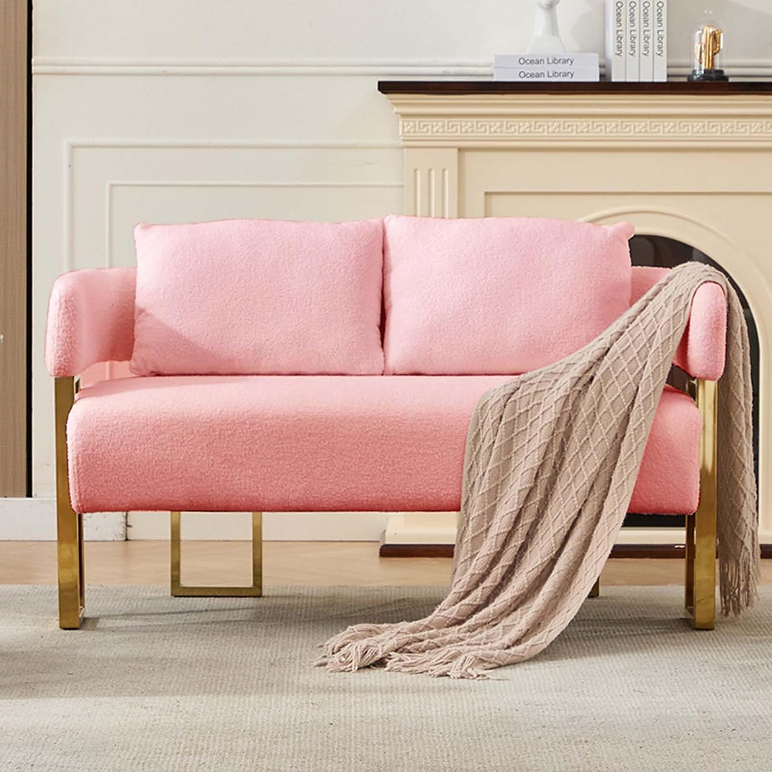 TS Modern Teddy Fleece Loveseat Sofa with Gold Metal Legs - Pink Upholstered 2-Seater Couch for Living Room, Bedroom, Reception Area & Dressing Space - No Wheels, Stable Square Frame(Pink + Teddy)