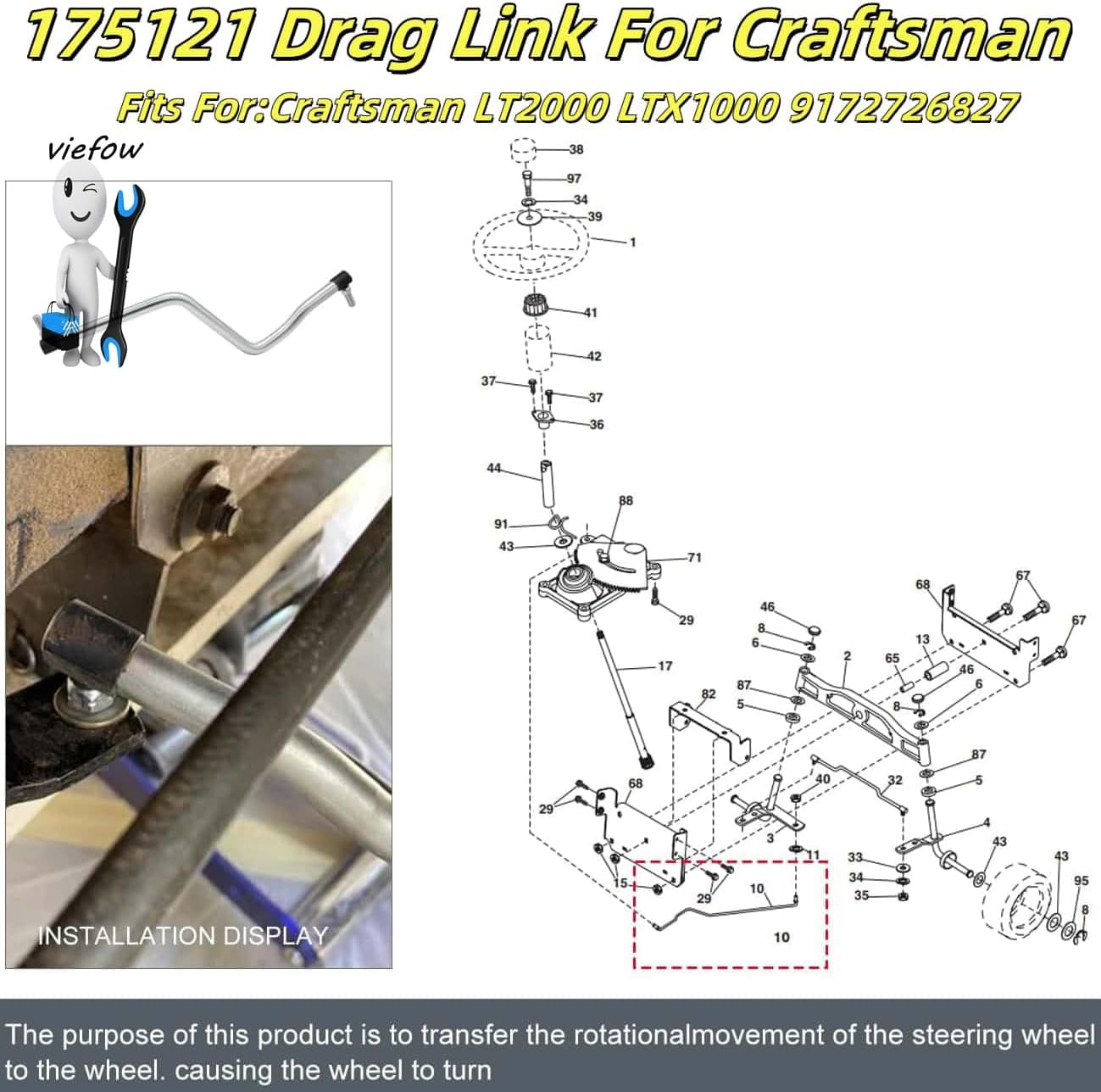 Steering Arm Drive Link with Mount Nut for Husqvarna Poulan Roper Craftsman Weed Eater Lawn Mower 175121 532175121