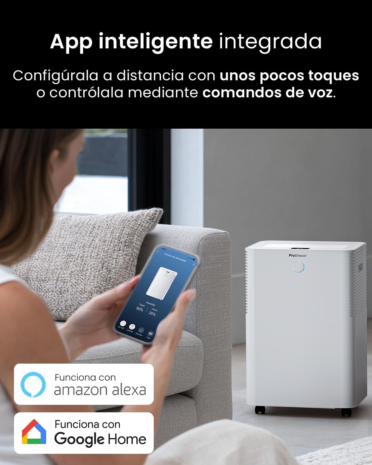 Pro Breeze OmniDry Deshumidificador 20L/Día hasta 30 M², WiFI, Depósito 4L, Secado de Ropa, Sensor de Humedad, Temporizador 24H, Modo Nocturno - Antihumedad, Moho y Condensación