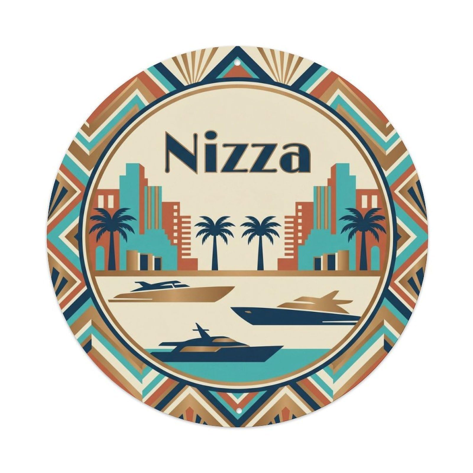 Nizza French Riviera Deco Style Palm Coast Travel Badge Metal Tin Sign Plaque Wall Decor for Cafe, Man Cave, Club Bar, Office, Home Garden Round Metal Poster 8x8Inch