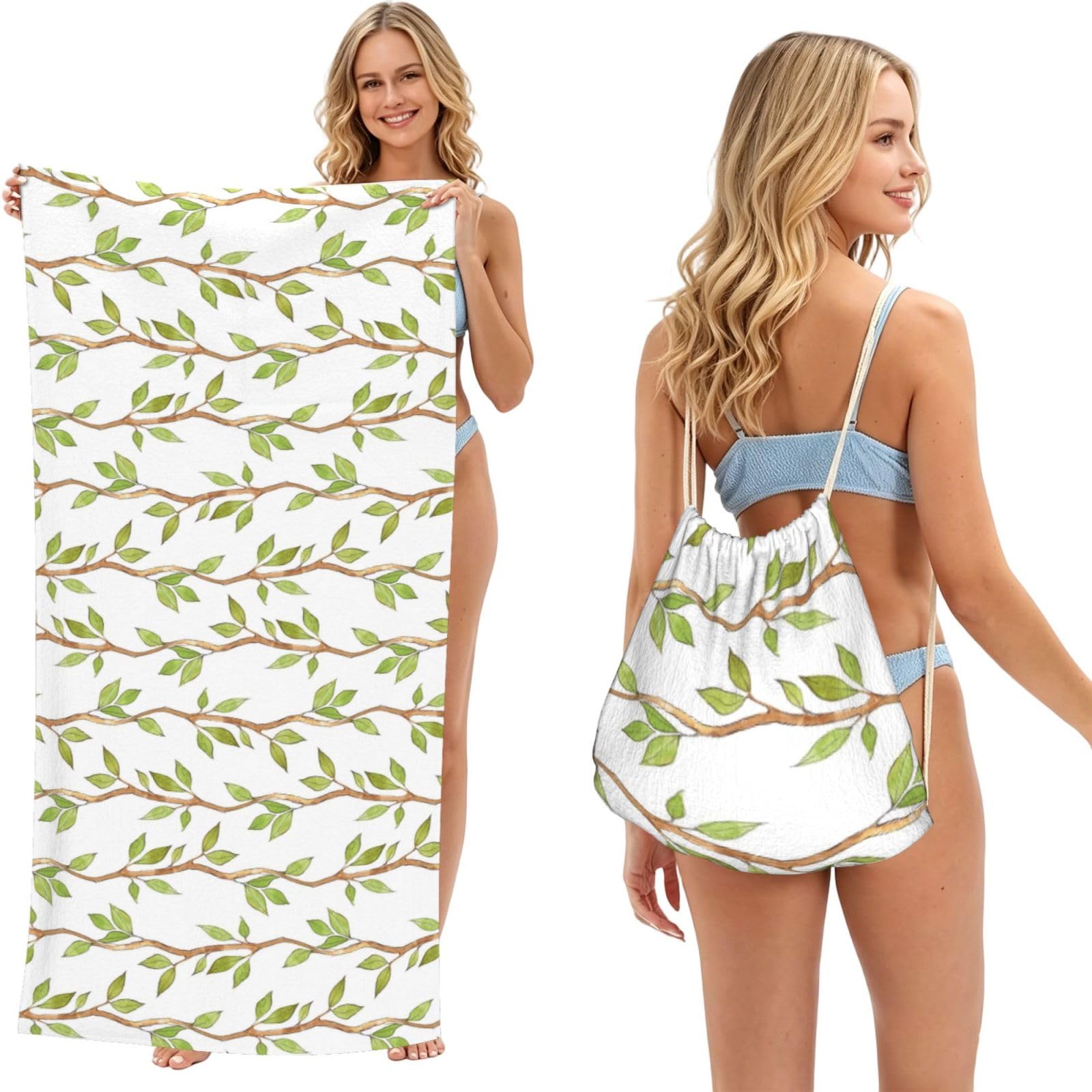 Poadnly As Picture Watercolor Branches And Leaves, 2 In 1 Packable Towel Bag, Beach Towels With Drawstring Backpack For Travel Holiday Camping