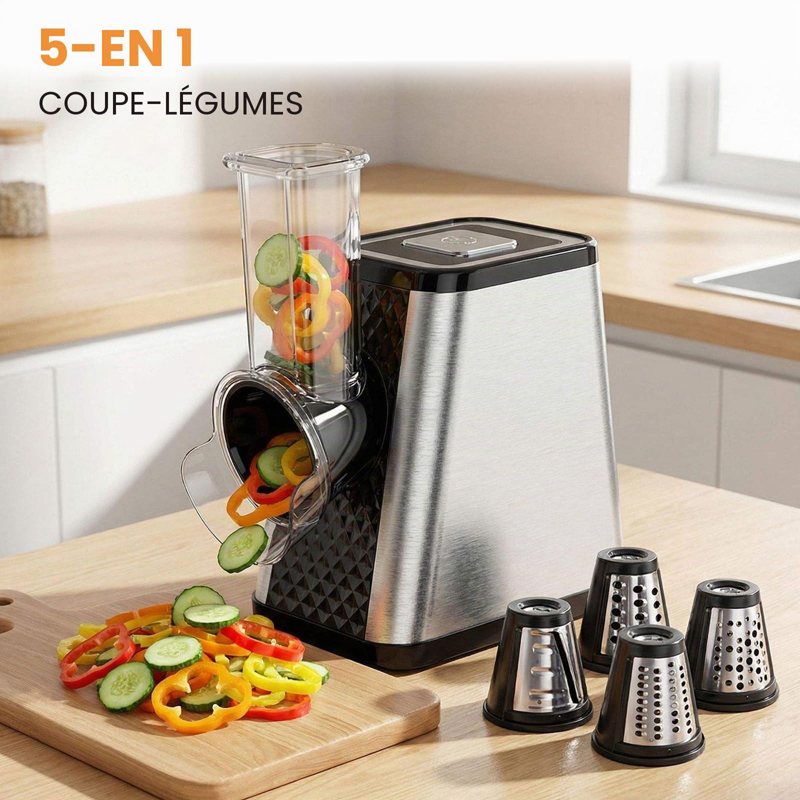 Coupe-légumes électrique 5-en-1, Râpe à légumes électrique 500W avec 5 lames en inox pour fromage, légumes, fruits – Robot râpe et trancheur multifonction