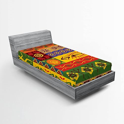 Ambesonne Sábana bajera africana, formas de arte folclórico abstracto del oeste, impresión de líneas únicas, ropa de cama de tela decorativa suave,