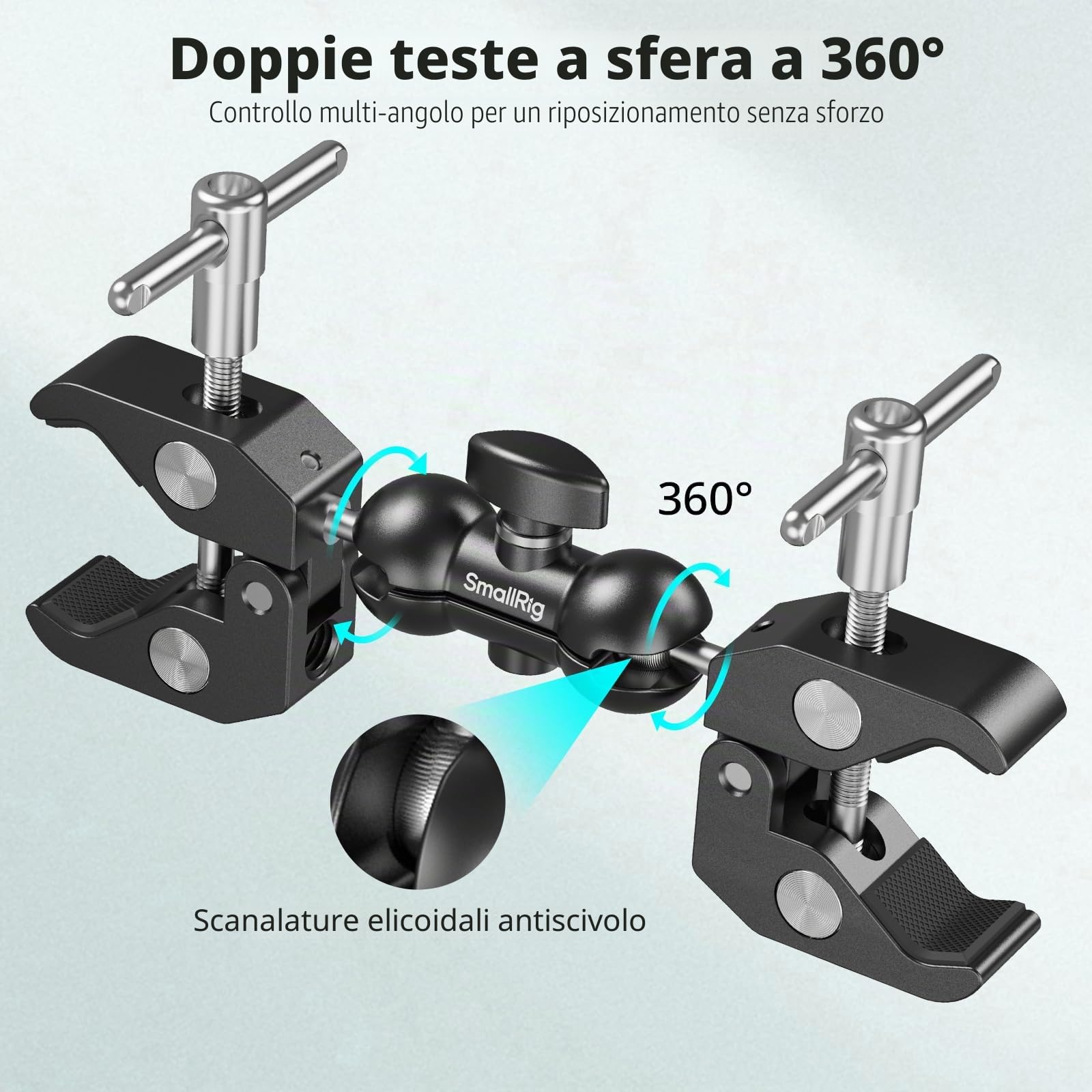SMALLRIG Supporto regolabile morsetto doppia testa 15-40 mm, antiscivolo, 1,5 kg, alluminio per illuminazione fotografica/treppiede/studio - 5331