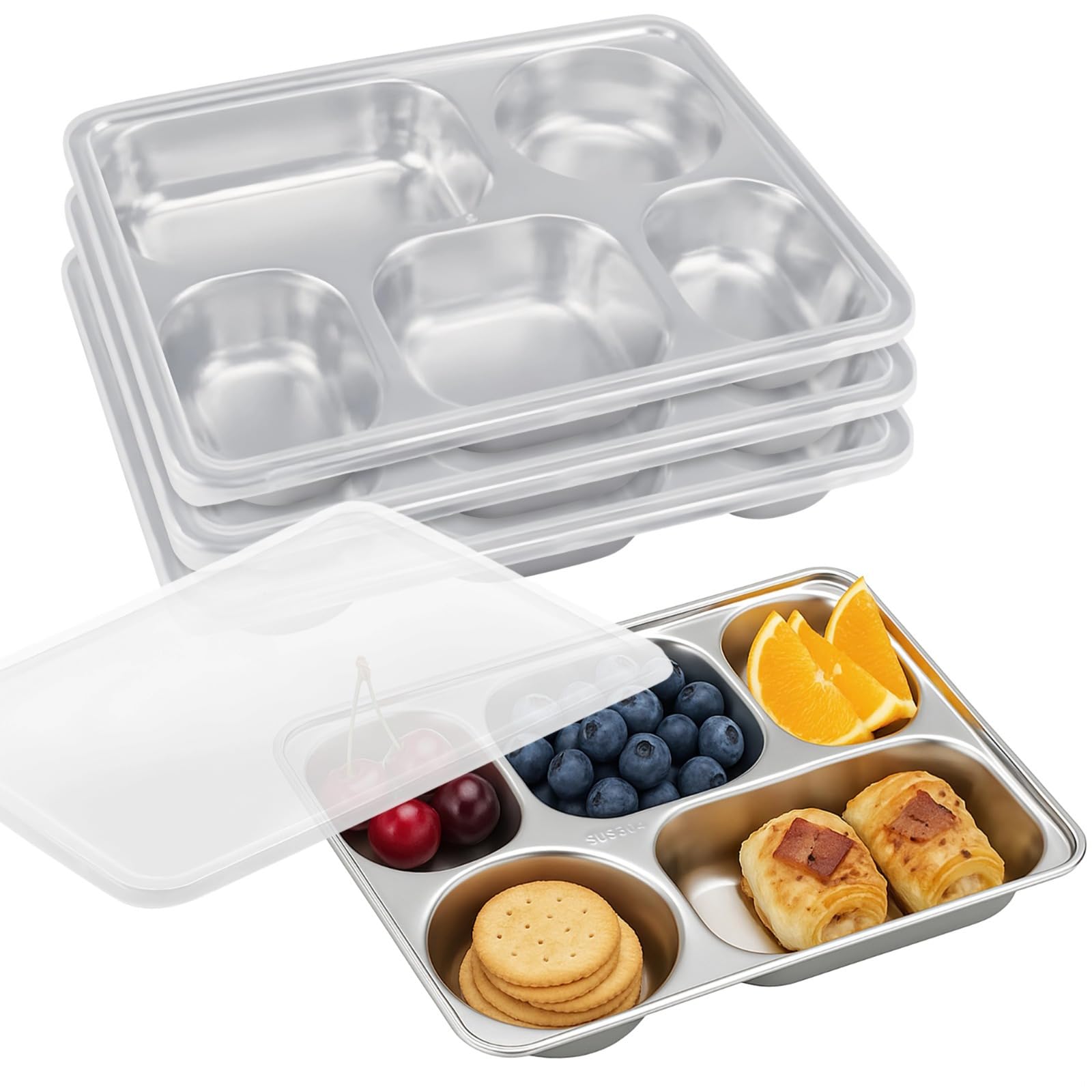 Lot de 4 assiettes à bento en acier inoxydable, 5 compartiments avec couvercle, solution de stockage alimentaire, plateaux divisés réutilisables pour le déjeuner, le travail, les pique-niques