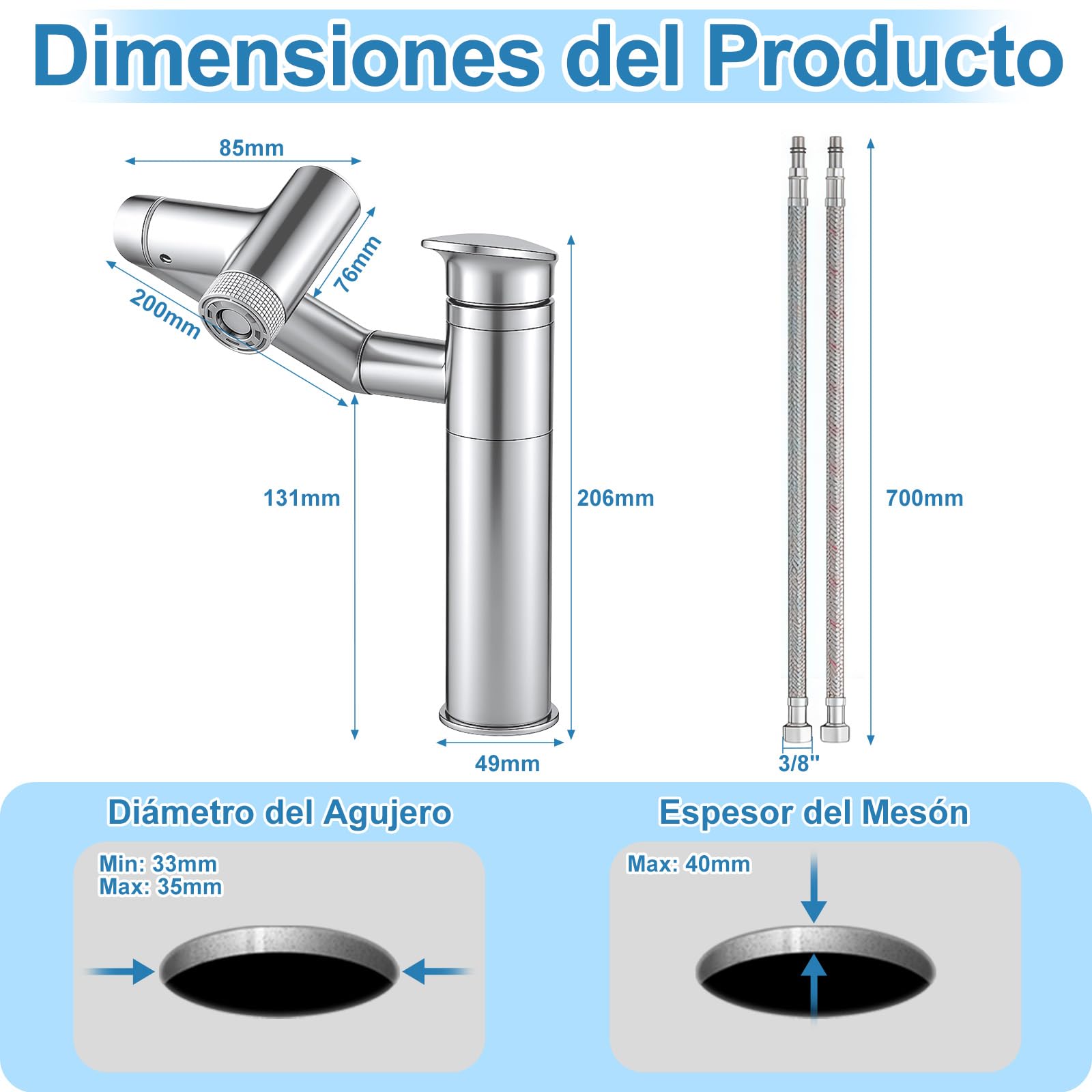 Grifos de baño, grifo de baño con indicador de temperatura, grifo mezclador de lavabo giratorio 1080°, grifo de lavabo, altura ajustable, grifo monomando (batería)