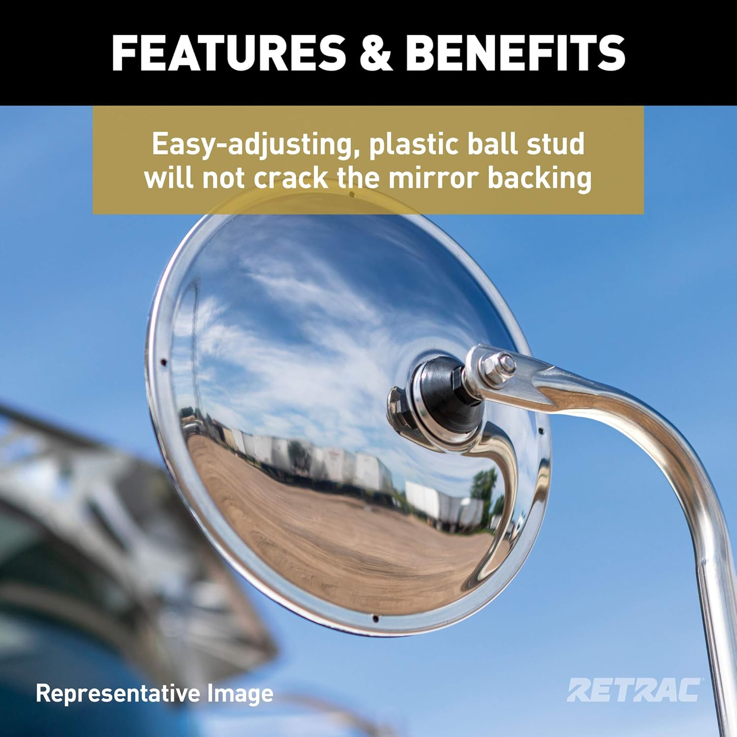 RETRAC 610583 8-Inch Stainless Steel Offset-Mount Convex Mirror Head with Plastic Ball Stud, J-Bracket, Universal Driver or Passenger Side