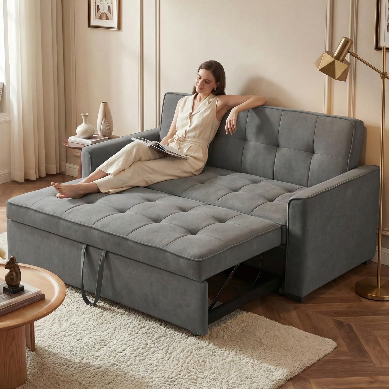 Guyii Schlafsofa 3-Sitzer Grau, Ausziehbares Sofa mit Schlaffunktion und Bettfunktion, Gepolstertes Bettsofa mit Armlehnen, Schlafcouch für Wohnzimmer, Gästezimmer, Kleine Räume