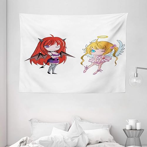 Anime Tapestry Decoración por ambesonne, Ángel niña con alas y Demon niña con cuernos hadas arte Manga Japonesa Impresión de cómics, para colgar en
