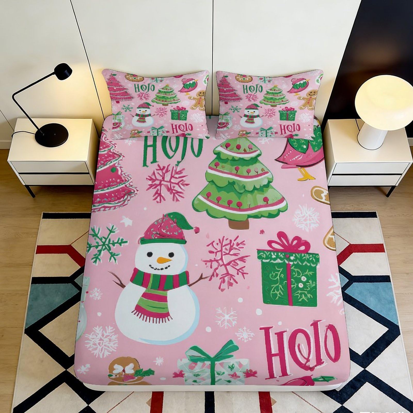 3D Printed Christmas Snowman Fitted Sheet Microfiber Pink Xmas Tree Mattress Cover Anti-Slip for Bedroom Guest Room 140x200x25cm