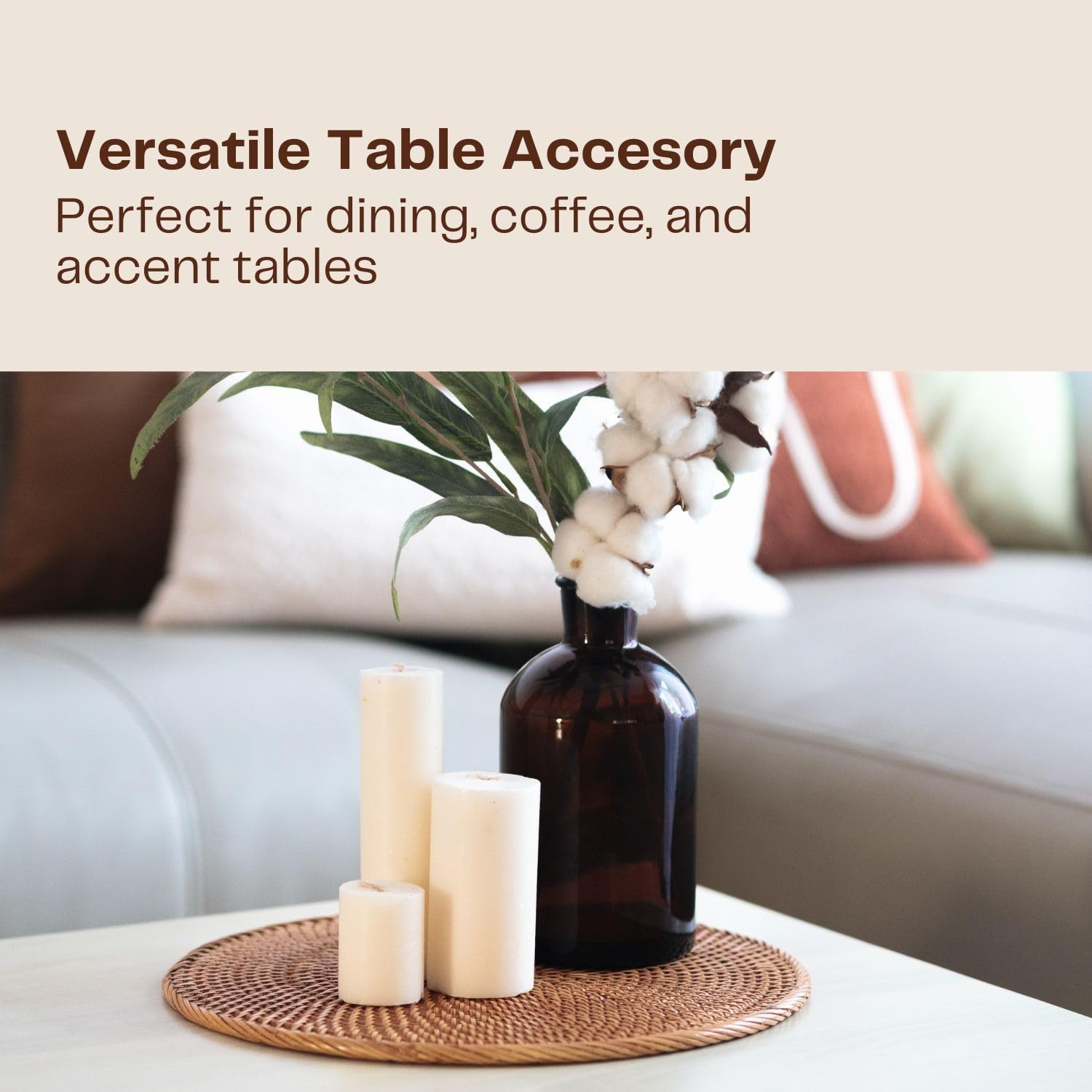 4-Pack Rattan Placemats - 13-inch Round Placemats (Stained Brown) - Woven Place Mats, Round Table Mats - Wicker Chargers for Dinner Plates, Plate Chargers Boho