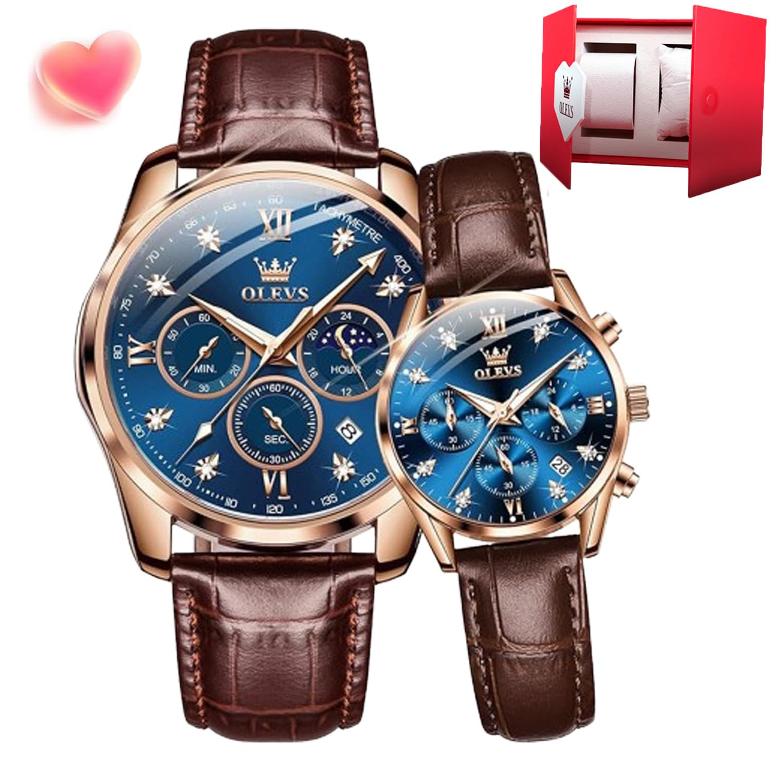 OLEVS Pärchen-Armbanduhr, Quarz, Nachtlicht, Kalender, Datumsfenster, 3 ATM, wasserdicht, lässiges Lederarmband, für Damen und Herren, Paaruhr, Hochzeit, romantisches Geschenk, IN-2888+5523 Paar