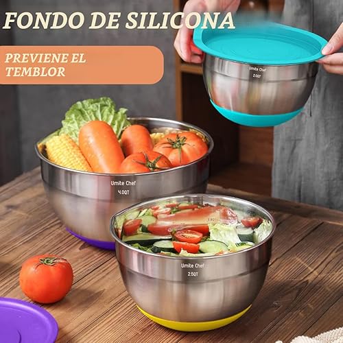 Miniatura 5 de Umite Chef Cuencos para mezclar con tapas herméticas, juego de 26 cuencos de acero inoxidable, 3 accesorios para rallar y parte inferior