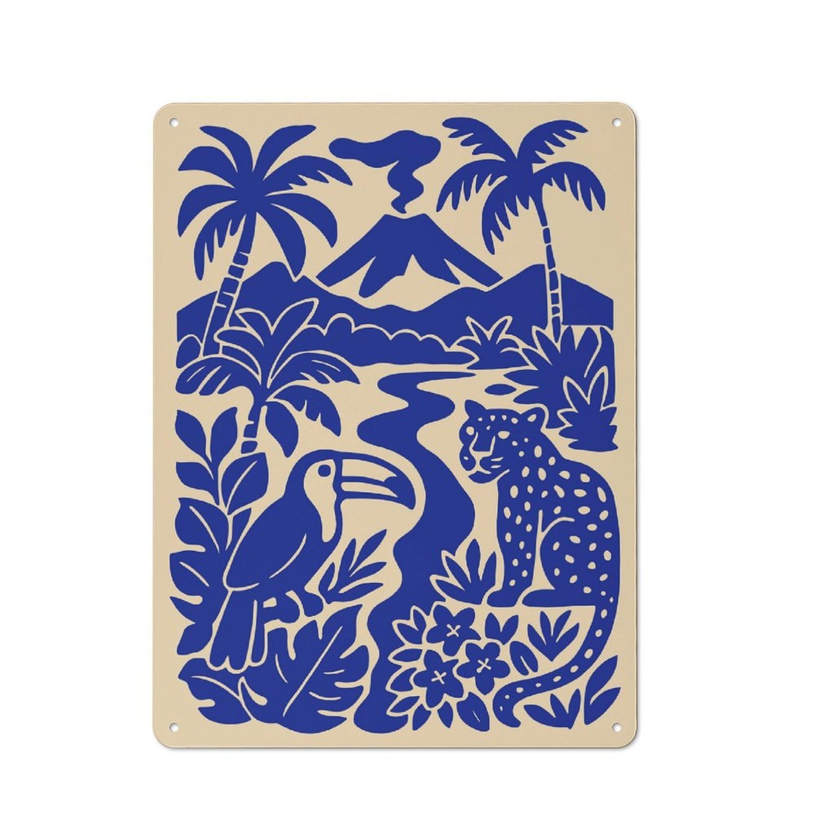 Junmoney Style-5 Jungle Scene With Volcano And Animals Retro Tin Wall Plaque 40X30cm For Hobby Room Or Studio, For Garage, Workshop And Man Cave Decoration