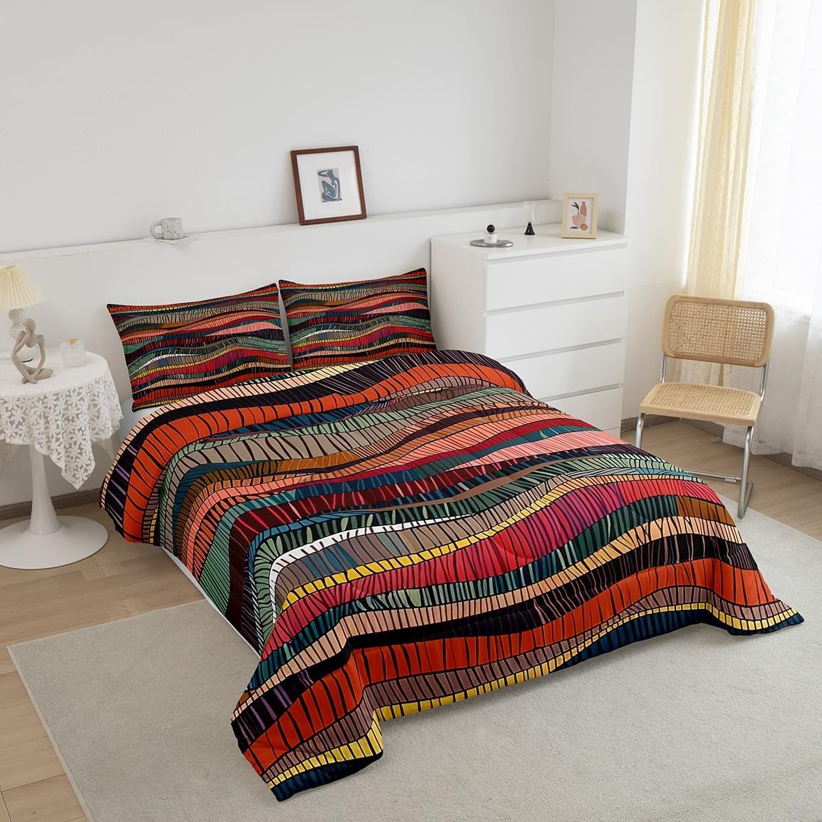 Erosebridal Boho Comforter Set Queen Geometric Wavy Bedding for Kids Bohemian Print Embroidery Waves Bedding Comforter Sets Embroidered Tribal Ethnic Room Decor Colorful Abstract Duvet Insert