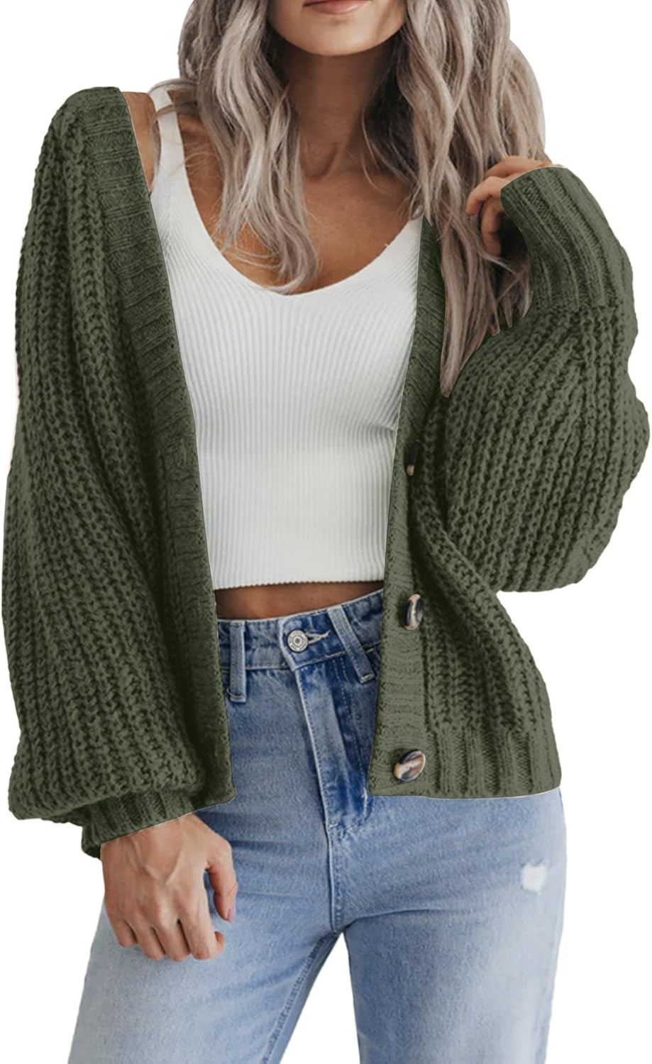 Zeagoo Women's 2026 Fall Chunky Knit Cardigans Open Front Long Sleeve V Neck Button Loose Cardigan Sweaters
