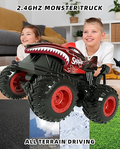 Miniatura 7 de Gohero Camión monstruo de juguete a control remoto, escala 120, camión monstruo de tiburón a control remoto con luz y música, auto de control remoto