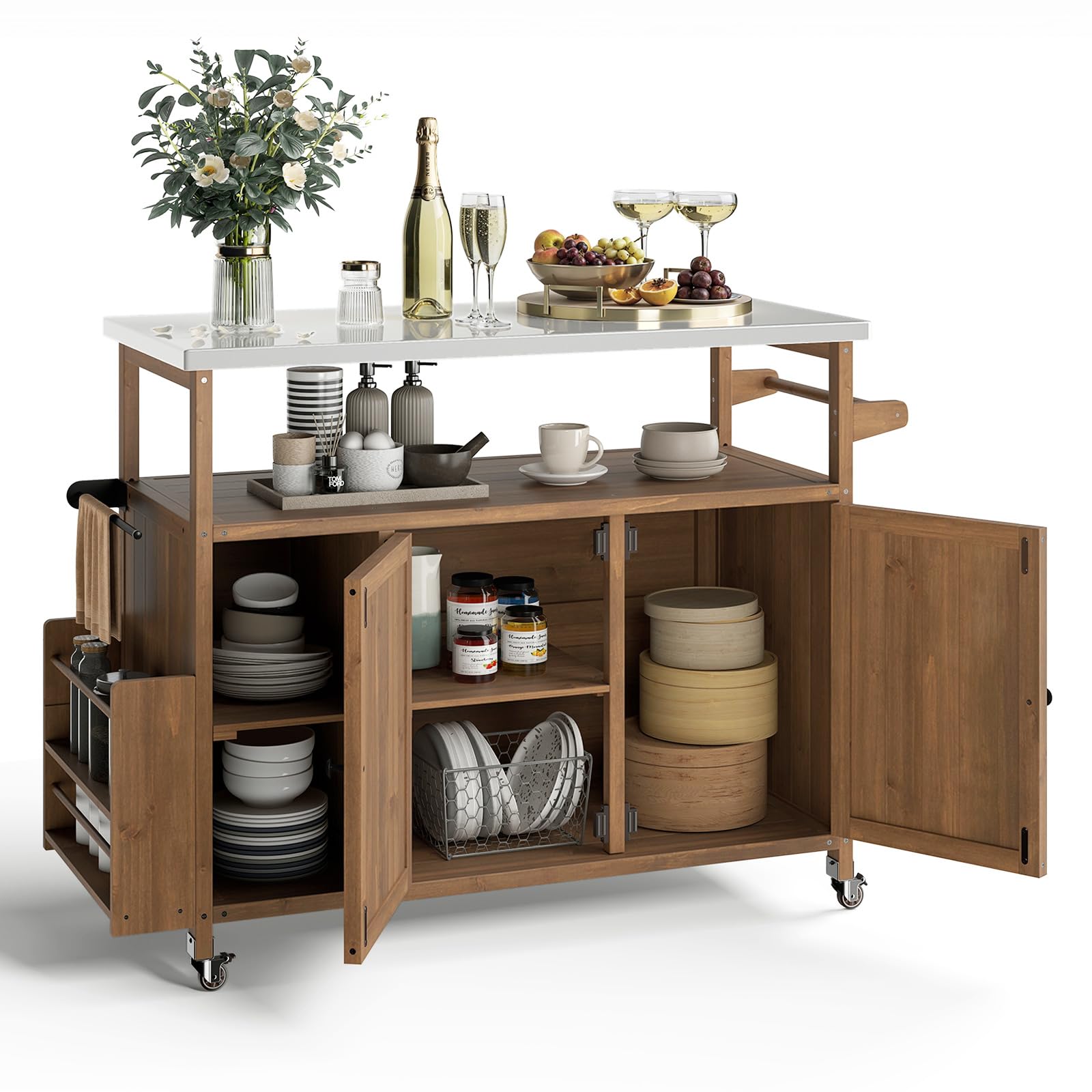 COSTWAY Carrello Barbecue Esterno, con Piano in Acciaio Inox, Isola Cucina in Legno di Abete con Ruote, Armadio, Ripiano Aperto e Scomparti, 130 x 47 x 92 cm