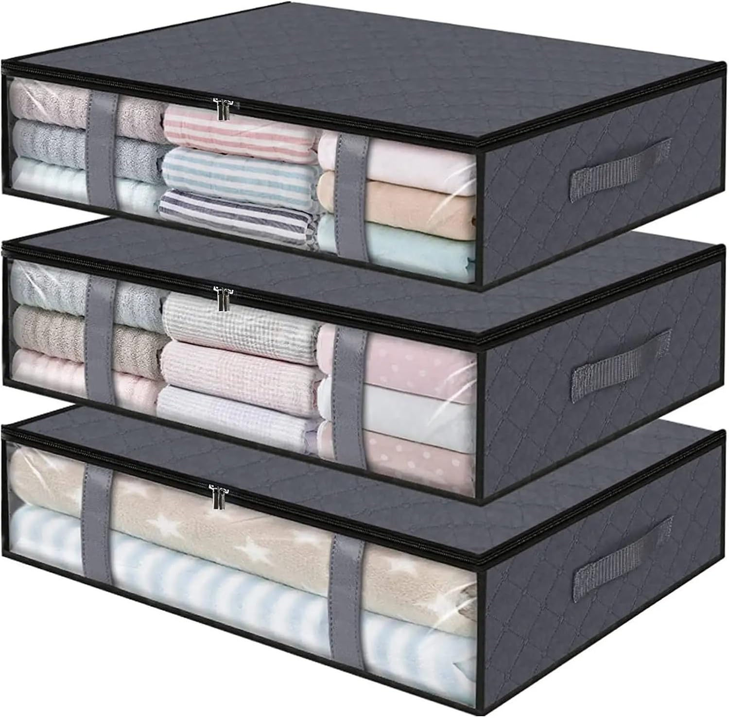 Fold Non Woven Fabric Storage Box Underbed Bag Clothing Underwear Sock For Bedroom Closet(3pc Gray 60x45x15)