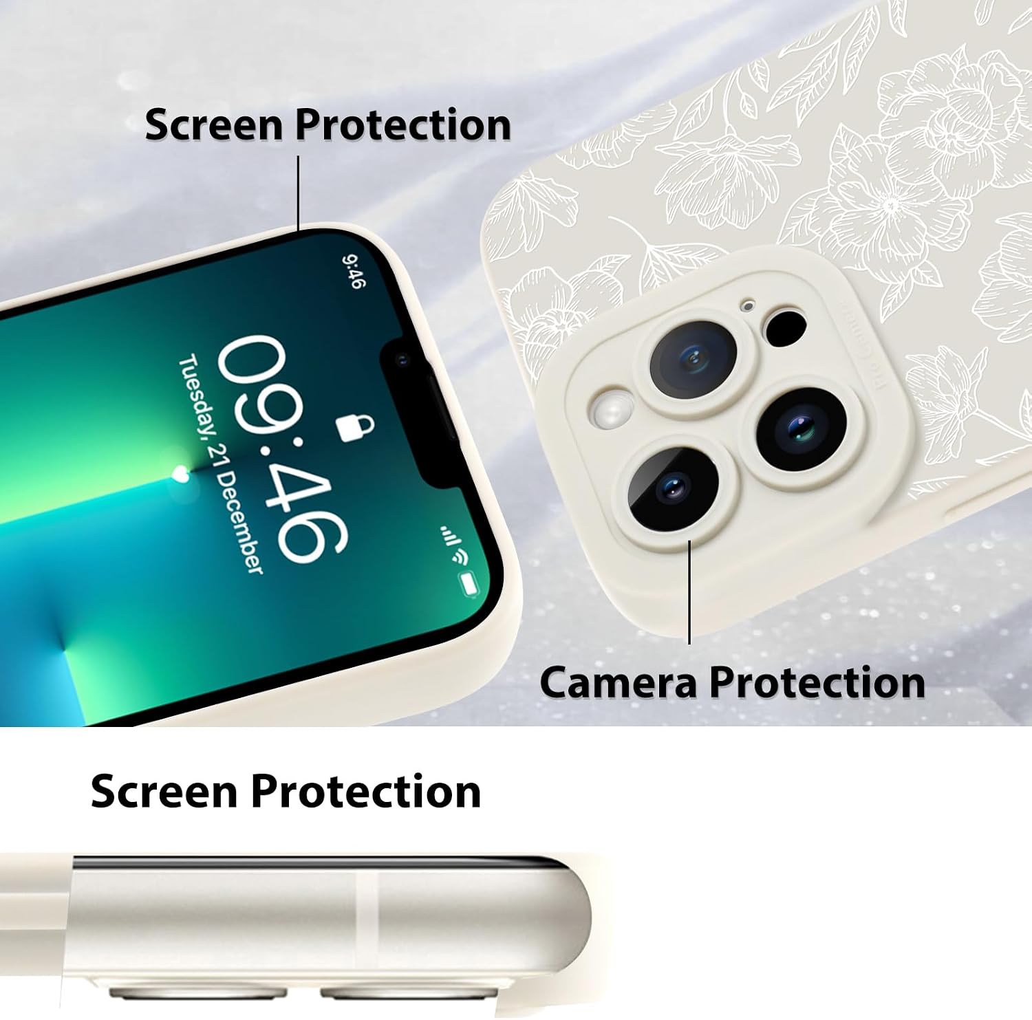 MZELQ for iPhone 13 Pro Max Case, Silicone Floral Flower Rose Cute Pattern, Camera Protection Soft Slim Phone Case for Phone Case -White