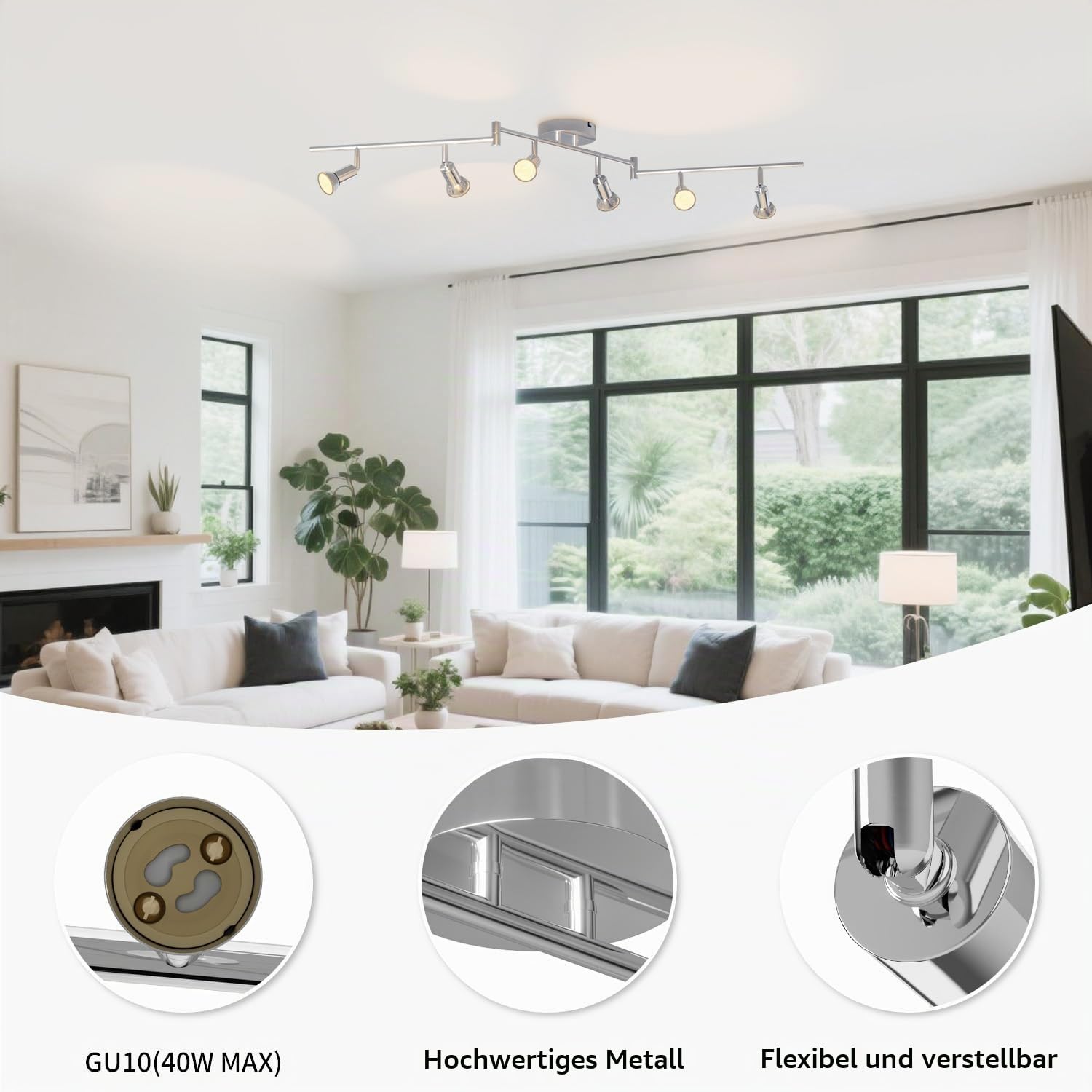 LVWIT Deckenleuchte LED Spotleuchte 6 Flammig GU10 Modern Chrom Deckenspot Schwenkbar 350° Drehbar Küchelampe Spot Strahler Decke Wohnzimmer Schlafzimmer Deckenstrahler (Ohne Leuchenmittel)