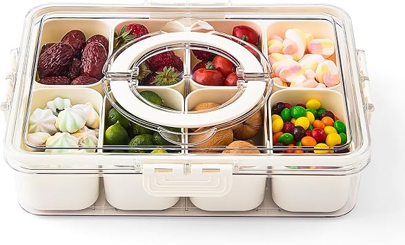 Divided Serving Tray with Lid and Handle - 8-Compartment Snack Box for Portable Snack Platters and Home Decor - Perfect for Parties, Entertaining, and Travel. Includes 50 free freshness bags.