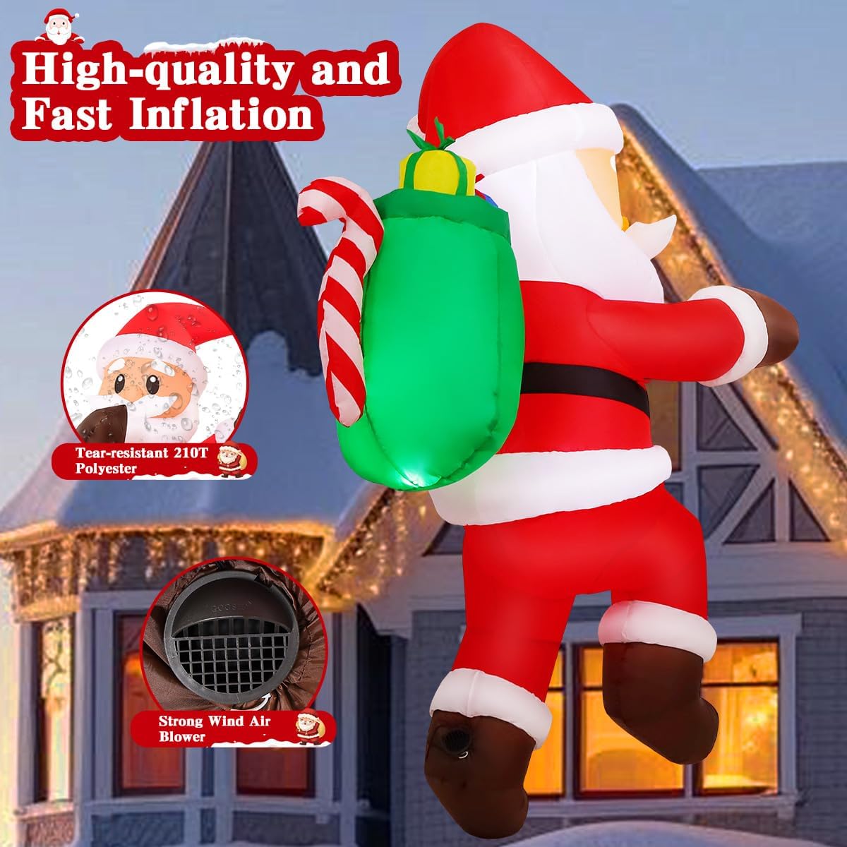 GOOSH 6.2 FT Christmas Inflatables Santa Claus Outdoor Decorations Blow Up Yard Hanging Santa Climbing to the Roof with Presents Bag with Built-in LEDs for Garden Lawn Indoor Party Decor