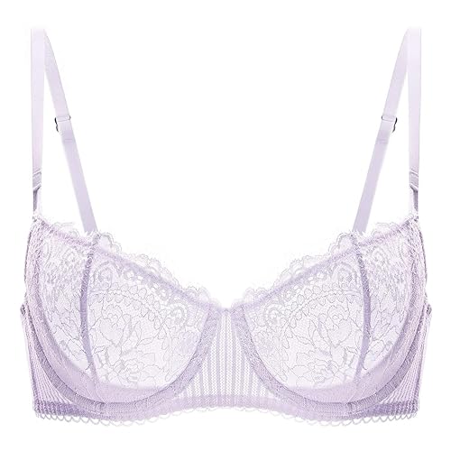 DOBREVA Women's Sexy Lace Push Up Plus Size Bra Sheer Balconette Underwire Unlined - 34C - Lilac_eyelash Lace