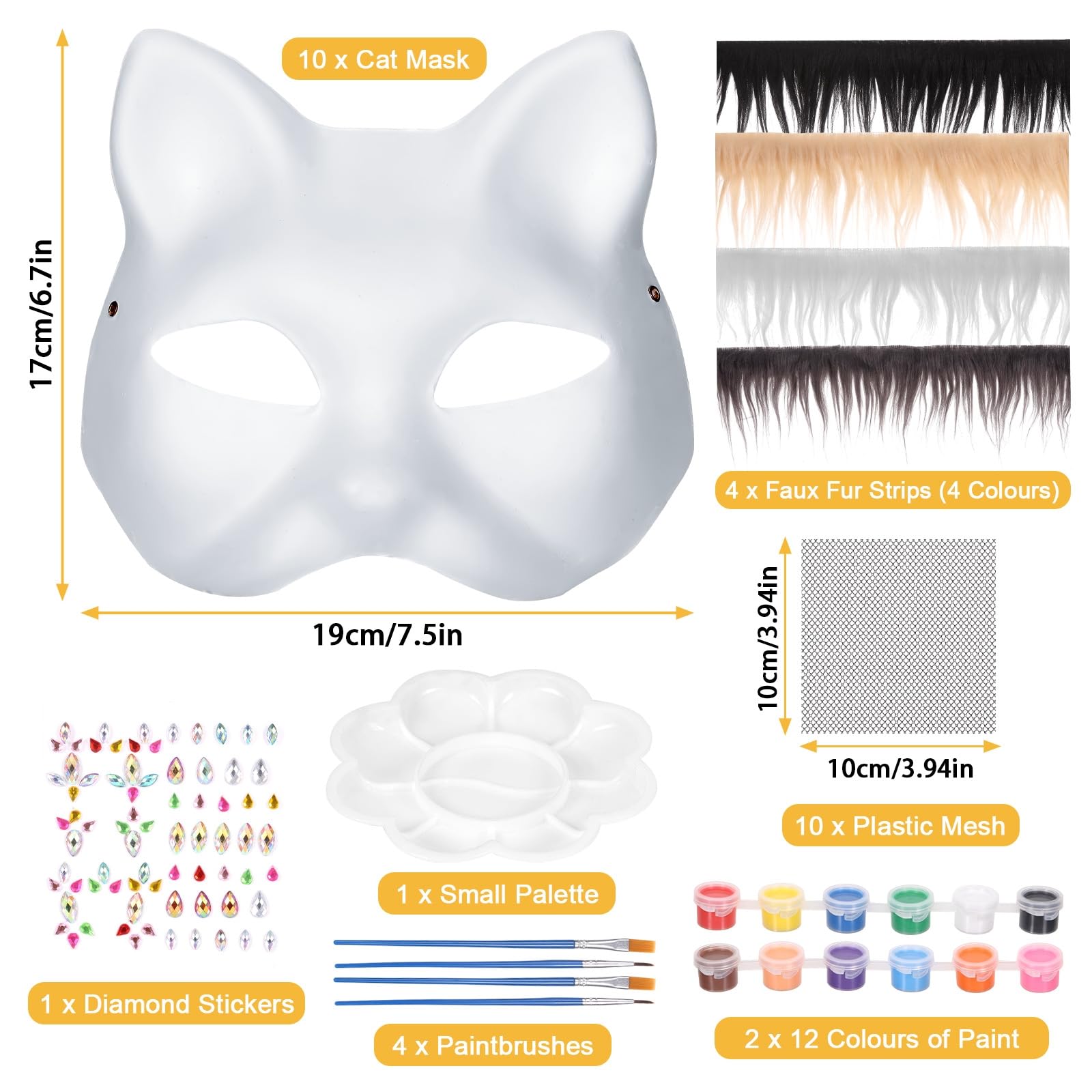 Starvortex 10 Pezzi Maschera Gatto Fai Da Te, Kit Completo con Colori Acrilici e Pelliccia Sintetica per Therian Mask, Maschere da Gatto Personalizzabili per Halloween, Carnevale, Cosplay