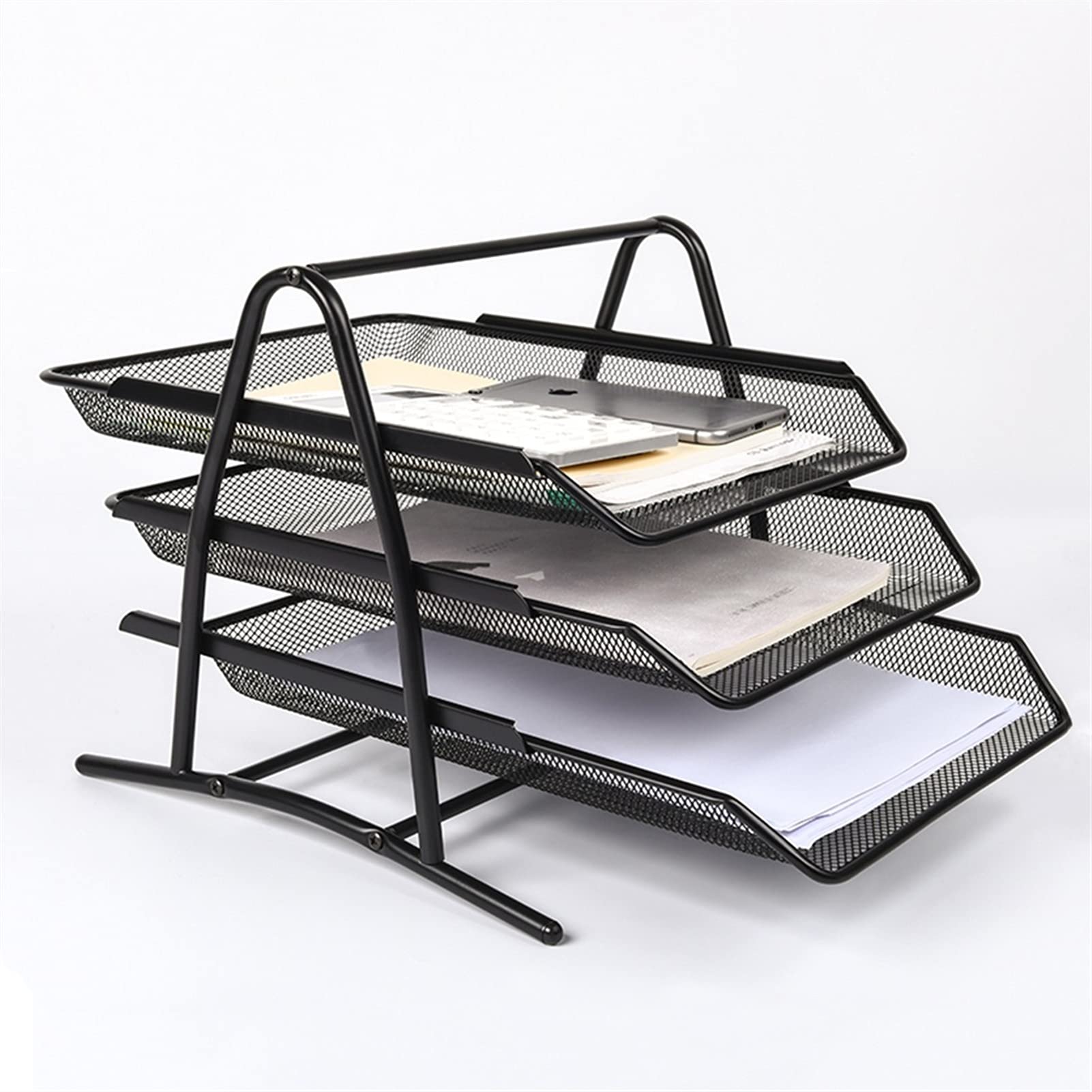 Stapelbarer Briefkorb aus Netzgewebe für den Schreibtisch, schwarz, A4-Dokumente, Briefpapier, Drahtgeflecht-Aufbewahrungsorganizer, 3-stufiger Büro-Ablagekorb, 29 x 35 x 32 cm, für Aktenhal
