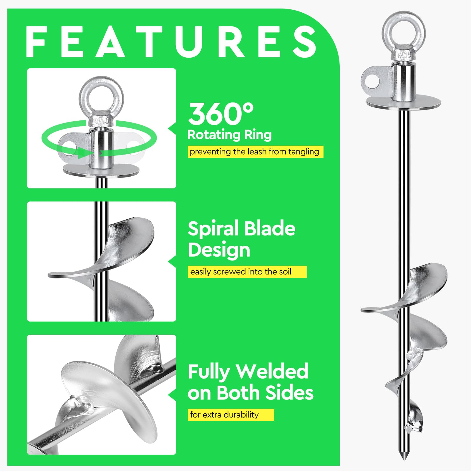 SWAWIS Palo per Cani con Anello Rotante a 360°38cm Argento, per Cani di Peso non Superiore a 100kg, Senza Grovigli, con Spazzola per Pulizia e Piede di Porco, Ancoraggio A Terra per Cortile Campeggio