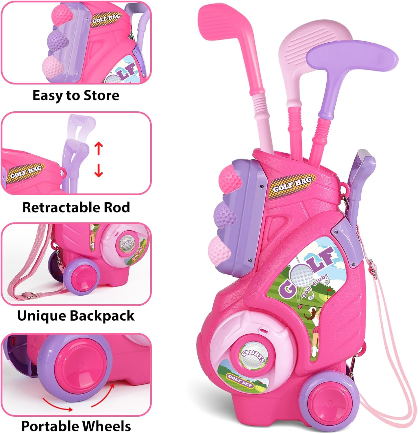 Toy Automatic Baseball Pitching Machine for Kids, Baseball Hitting Trainer with Bat & 4 Balls and Golf Set for Girls Boys 2 3 4 Years Old, Upgraded Kids Golf Cart with 3 Clubs & 8 Balls