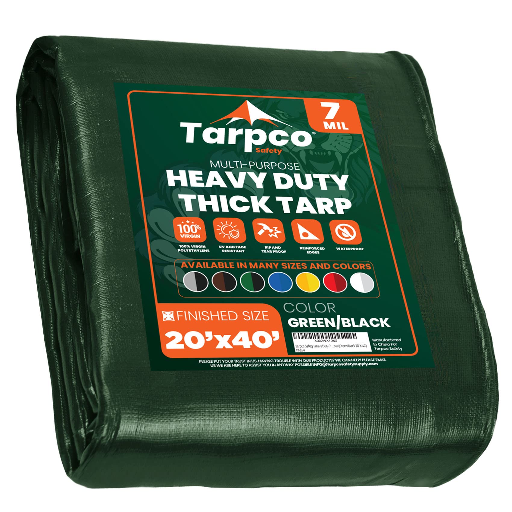 Tarpco Safety Heavy Duty 7 Mil Tarp Cover, Waterproof, UV Resistant, Rip and Tear Proof, Poly Tarpaulin with Reinforced Edges for Roof, Camping, Patio