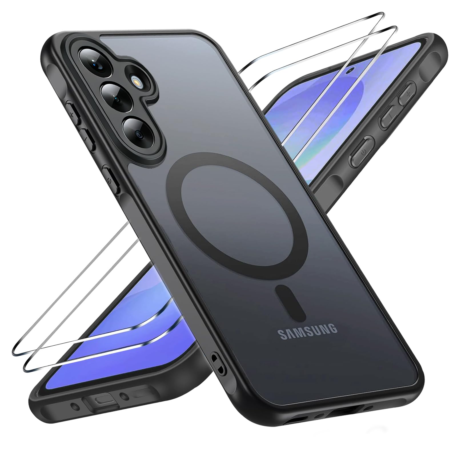 Handyhülle für iPhone 17 Hülle Kompatibel mit MagSafe mit 2 Stück 9H Panzer Schutz Glas, Vollständiger Kameraschutz, Eingebauter Magnetring, Matt Transluzent Schutzhülle für iPhone 17, Schwarz