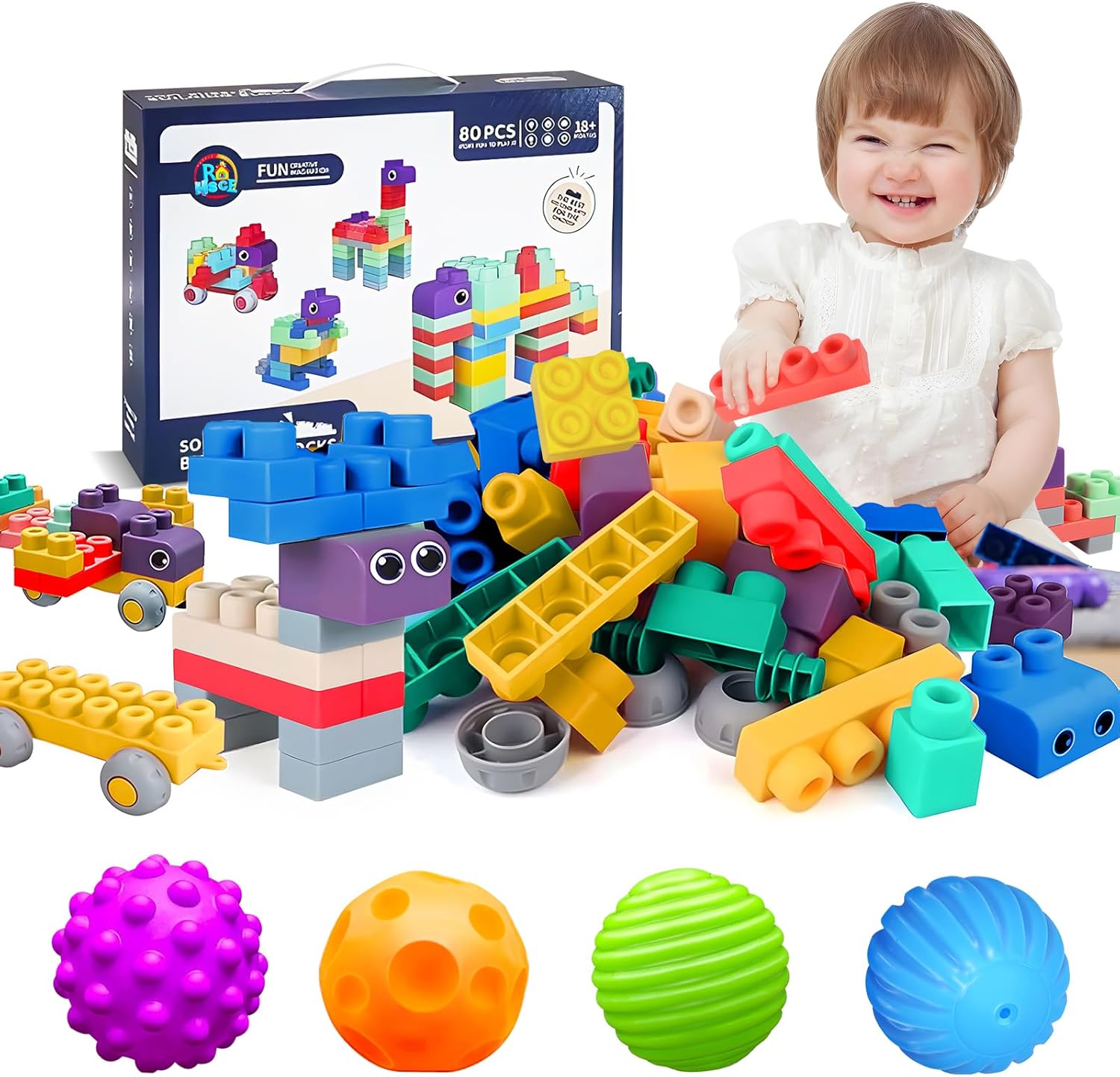 Baby Balls 3 to 12 Month for Babies & Toddlers 3M+, Textured Multi Ball Set and Baby Soft Blocks Set, Big Building Block Toys, Soft Rubber Blocks for Babies 6 Months and Up STEM Educational