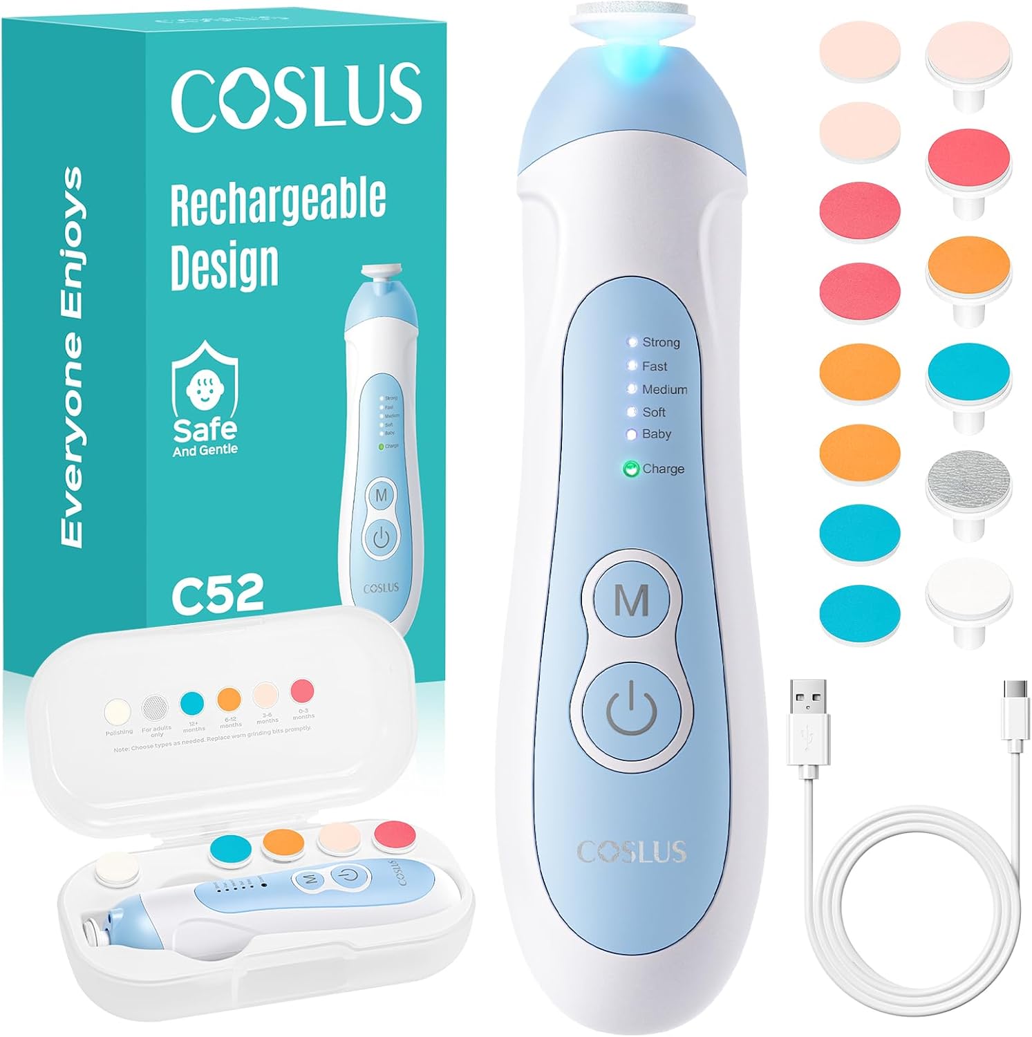 COSLUS Rechargeable Baby Nail File: Cordless Baby Nail Trimmer Electric, Baby Nail Clipper with 5 Speeds & 6 Grinding Heads for Baby Kid, CPC Certified & Quiet Design – Safe for Sleep Trim, C52 Blue