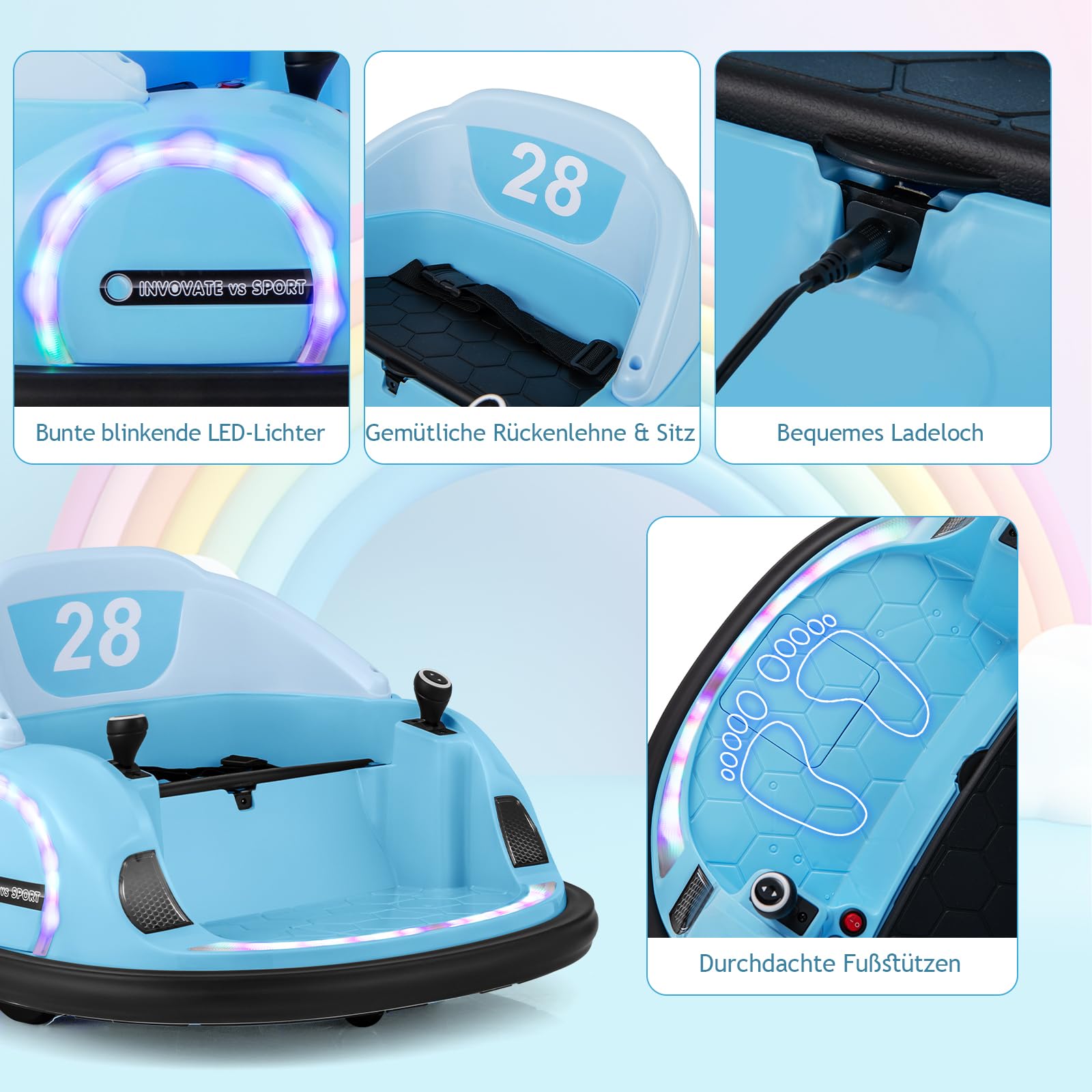 GOPLUS 12V Elektro Autoscooter mit 2,4 GHz Fernbedienung, Kinderfahrzeug 360 Grad drehbar mit LED-Lichtgurt, Sicherheitsgurt, Musik & Hupe, Baby-Stoßspielzeug für Kinder ab 18 Monaten (Blau)