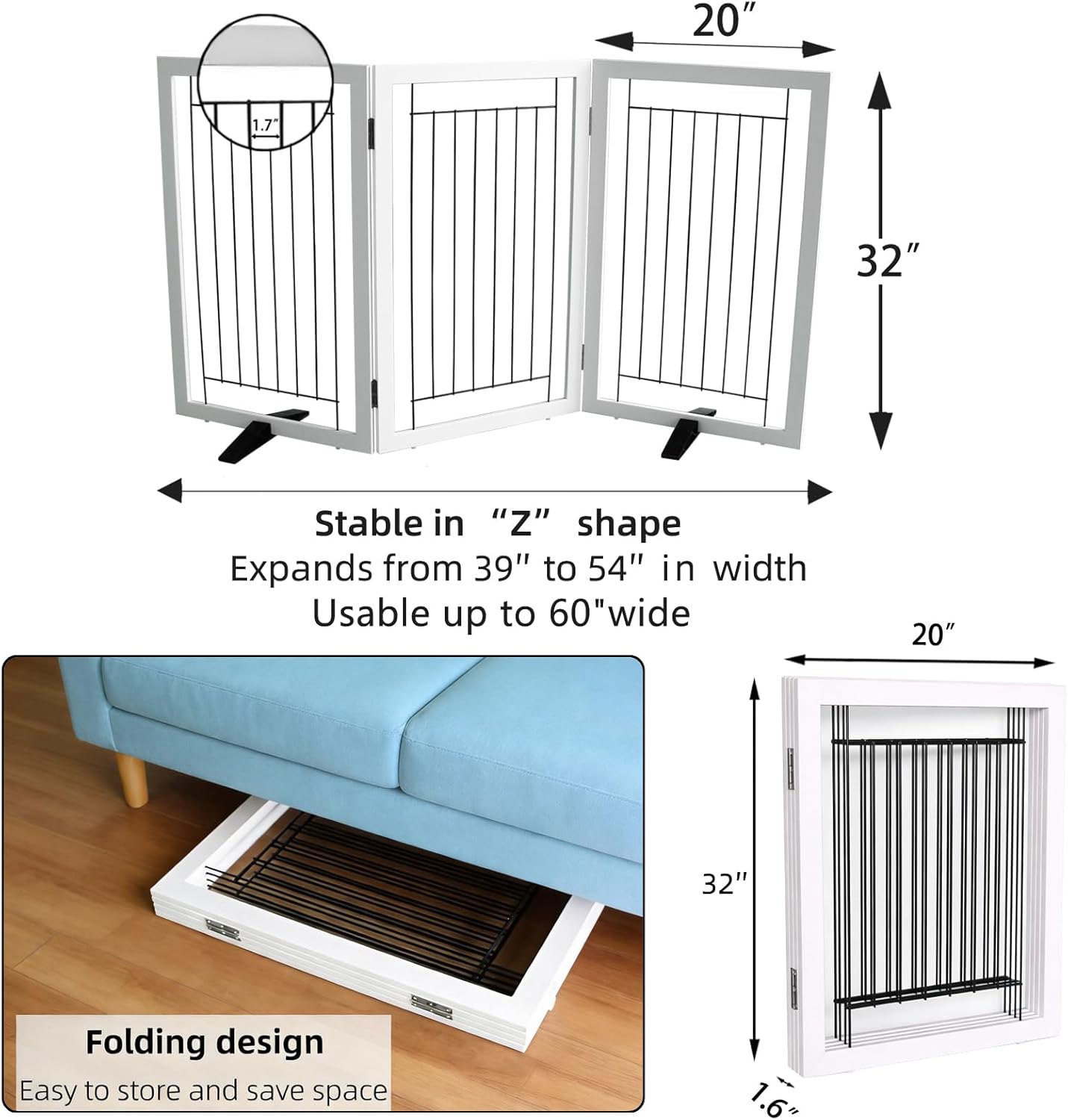 ZJSF Freestanding Dog Gate Indoor, Foldable Dog Fence for Doorways,Hallways or Stairs, Sturdy Wood Extra Wide Pet Gate with Support Feet,White,32 Height-3 Panels