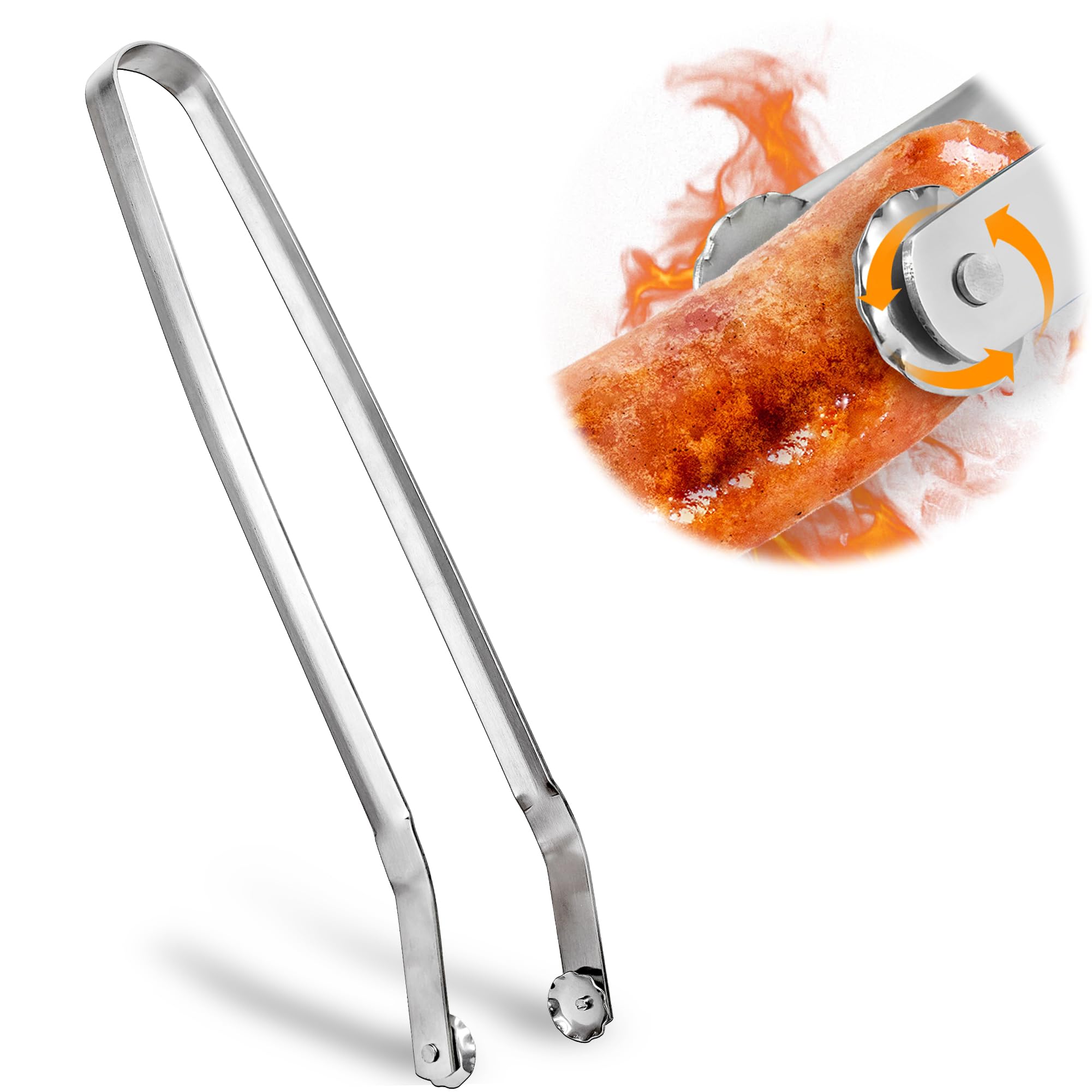 Pince Barbecue INOX à Roulette - 40 cm - Ustensile Professionnel pour Griller, Cuisson et Buffet Extérieur - Idéale pour Saucisses, Viande, Salade et Fruits