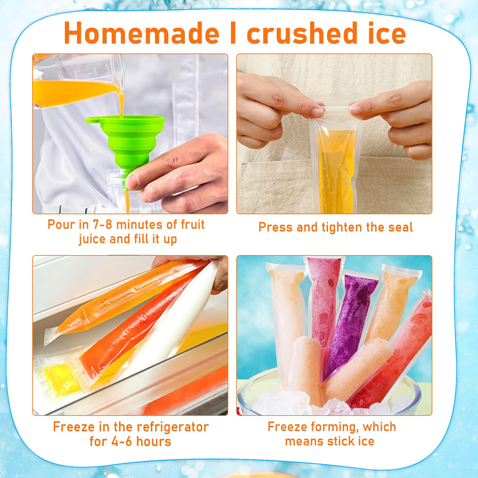 Wassereis Tüten,300Stück Wassereis Formen,Popsicle Taschen,wassereis tüten wiederverwendbar,Eis Pop Beutel Hausgemachte DIY Eisriegel Saft Joghurt 5.5 x 28 cm,mit 1 Trichter.