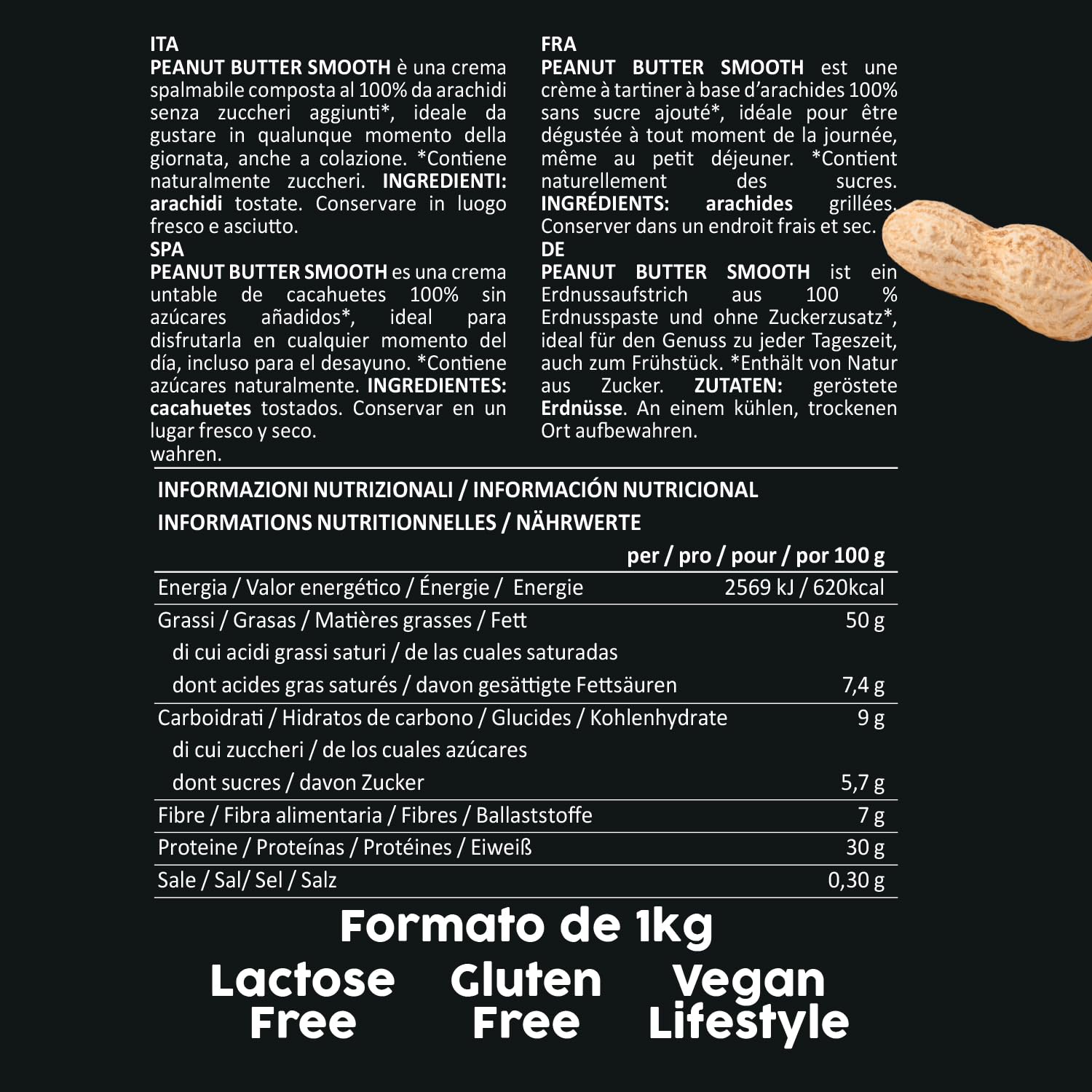 Crema De Cacahuete Smooth 1kg - Peanut Butter 100% Natural - Calidad Italiana - Crema De Cacahuete Sin Azucar Añadidos - Sin Aceite De Palma - Mantequilla De Cacahuete Para Untar