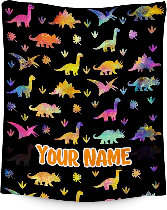 Custom Dinosaur Blanket with Name - 50x60 Inches Cute Throw for Boys - Black Soft Fuzzy Blankets for Couch & Office