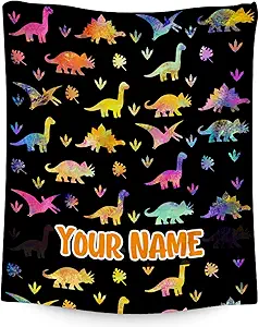 Custom Dinosaur Blanket with Name - 50x60 Inches Cute Throw for Boys - Black Soft Fuzzy Blankets for Couch & Office