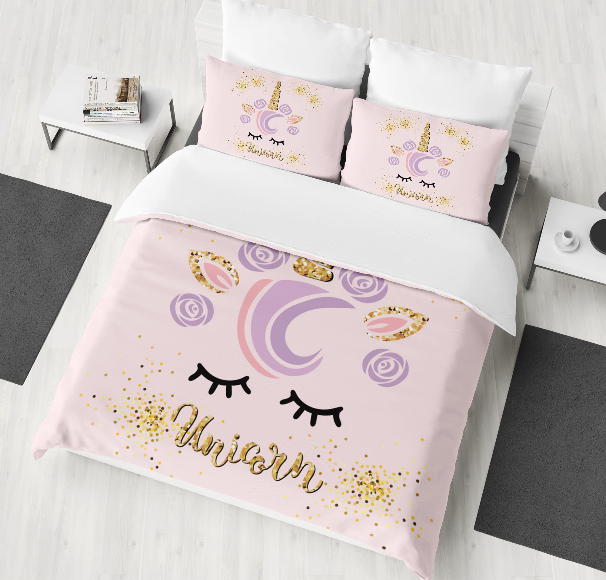 Couette Licorne 140x200 Cm + 2 Taies 65x65 Cm - Microfibre 370 GSM - Pour Fille - 4 Saisons - Cadeau Avec Sac - 4