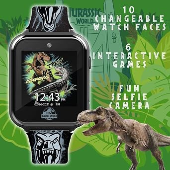 Jurassic World Kids Smart Watch with Touchscreen, 10 Dinosaur-Themed Faces, Camera, Step Counter, Calculator, Timer, Alarm, and Games Fun Interactive Watch for Boys and Girls