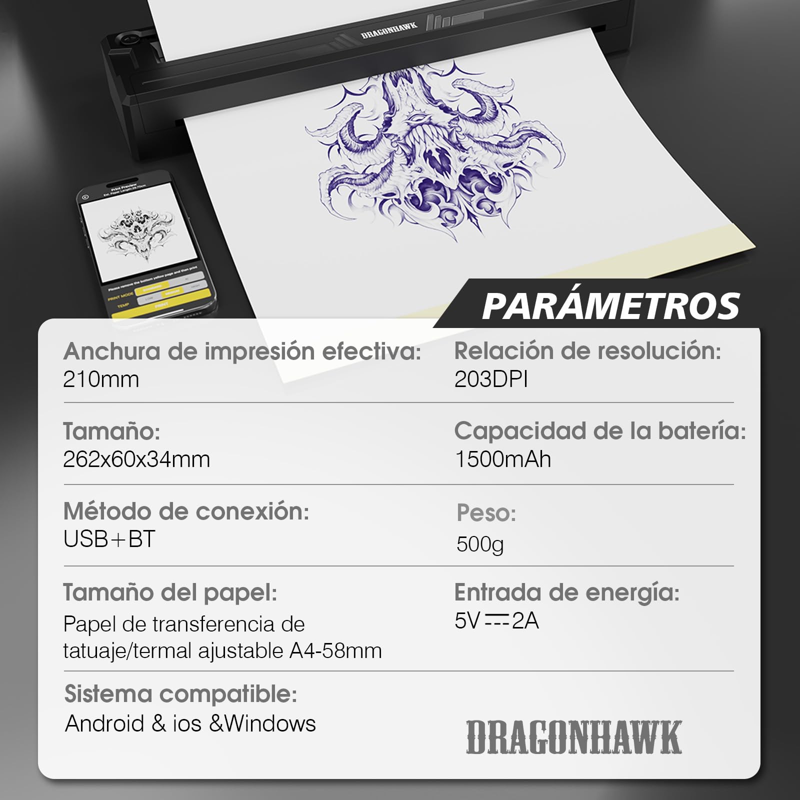 Dragonhawk A4 Impresora Térmica Inalámbrica para Esténciles de Tatuajes Portátil Compatible con Teléfono Tablet PC